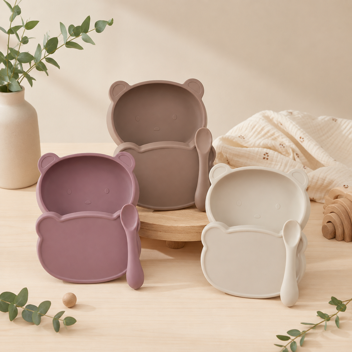 Bol ourson en silicone   – Antidérapant, avec couvercle et cuillère